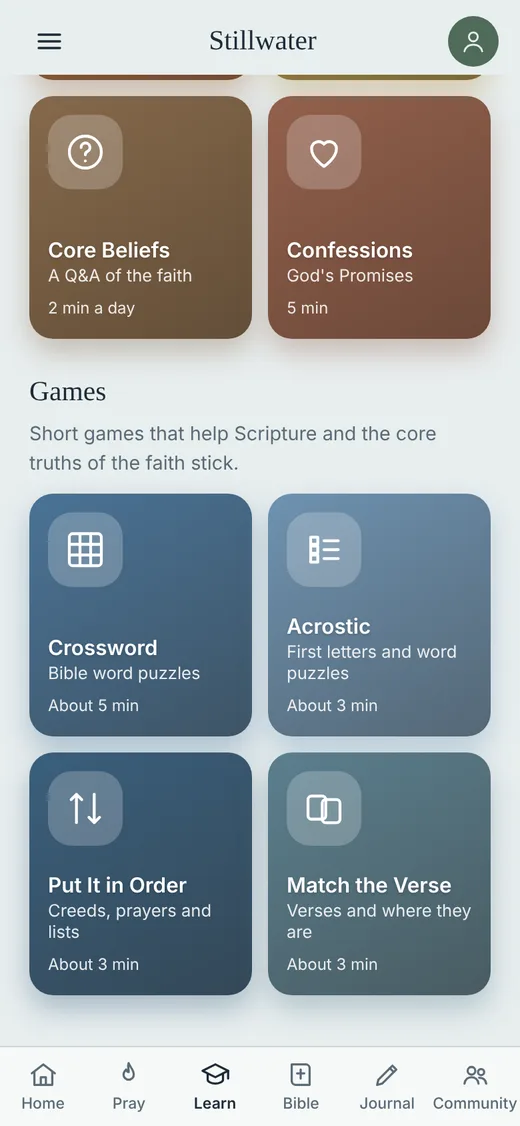 Games screen of the Stillwater app