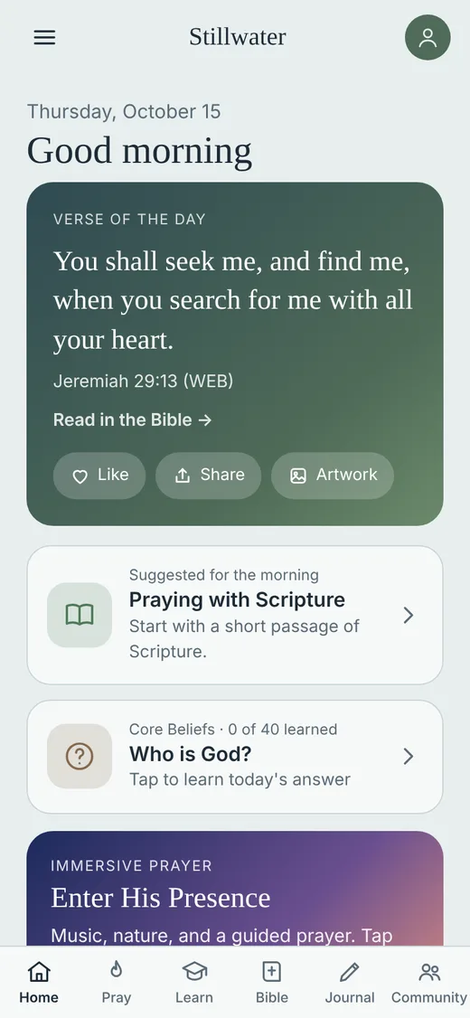 The Stillwater home screen showing a verse of the day