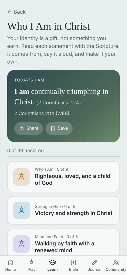 Who I am in Christ screen of the Stillwater app
