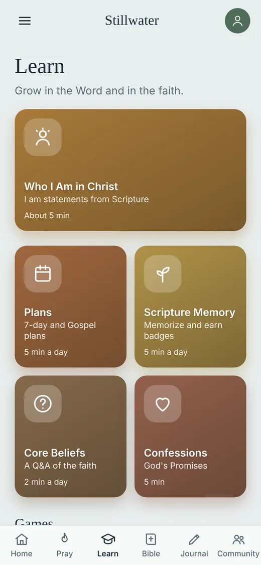 Learn screen of the Stillwater app