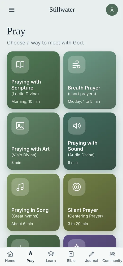 Pray screen of the Stillwater app