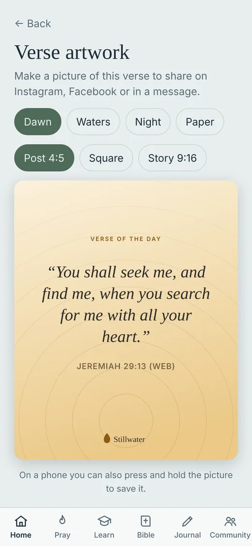 Verse artwork screen of the Stillwater app